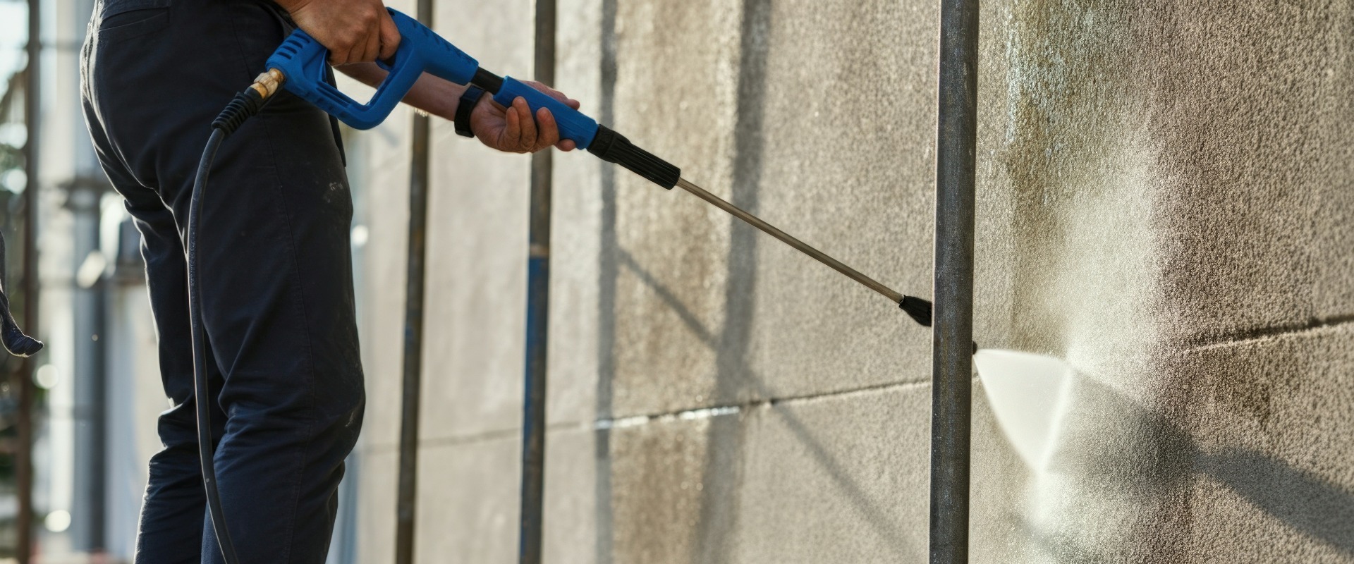 Construction worker is cleaning a facade using a high pressure water jet
